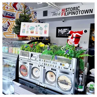an old radio with plants on top
