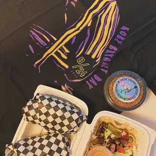 Commemorative shirt, Chicken Adobo Tacos, Tocino Tacos and Ube Dessert.