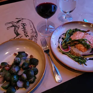 3/4/2022 - Chinook salmon with polenta, nettle pesto &amp; side of Brussels Sprouts with bacon.