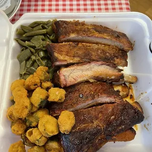 Ribs, fried okra, and green beans