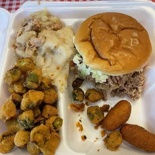 BBQ Pork BBQ Sandwich Plate with Fried Okra and Chicken &amp; Pastry