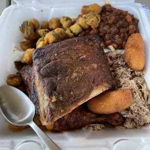 Rib Combo Plates Rib Triple with pulled pork, smoked chicken, beans and fried okra!