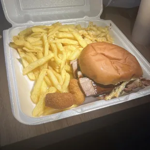 Brisket Sandwich Plate with Mac and cheese and fries