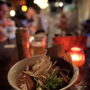 a bowl of ramen on a table