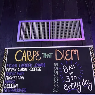 a menu on a blackboard