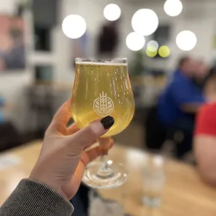 a person holding a glass of beer