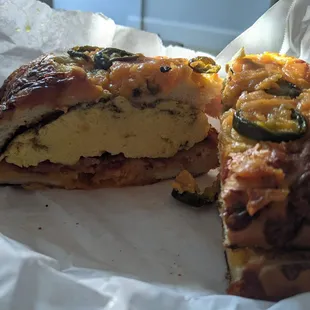 Inside bacon egg and cheese sandwich on jalapeno cheddar bagel (after I cut it at home).