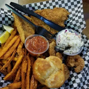 Fish and chips with sweet potato fries and coleslaw