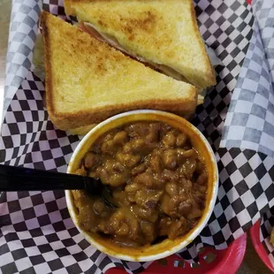 Club sandwich and beans