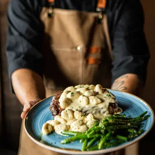 1 LB Ribeye Steak,
grilled or blackened, served with roasted vegetables and gorgonzola gnocchi