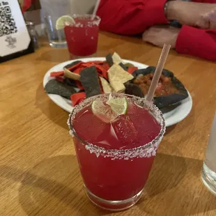 Prickly pear margueritas, chips and salsa