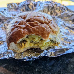 Spicy Stuffed Bagel - chorizo, egg, pepper jack and jalapeño