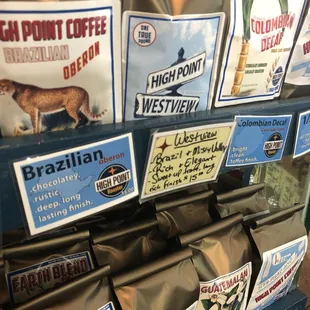 a display of coffee bags