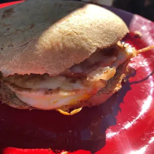 Canadian bacon, egg, and cheese sandwich