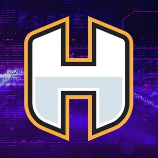 a purple and black logo