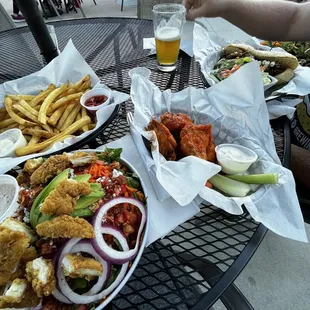 Cobb salad, fries, wings
