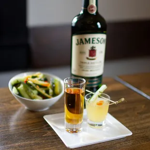 Malaback: Shoot the Jameson,  chase it with our housemade pickle juice with mala chili oil, and enjoy the mala pickled cucumber