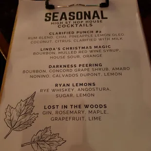 Seasonal cocktails as of 11/19/2021