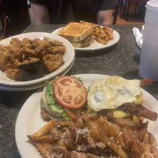 Breaded mushrooms and Wake n bacon burger, patty melt.