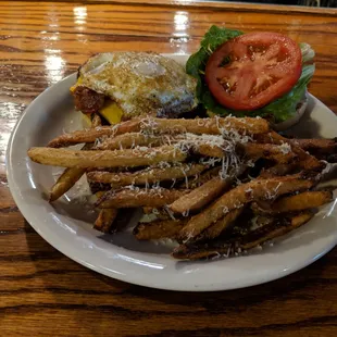 The Wake-n-Bacon Burger with handcut garlic parmesan fries!