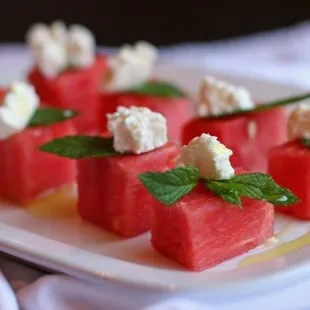 Fresh Deeserts: bite size watermelon with mint &amp; goatcheese