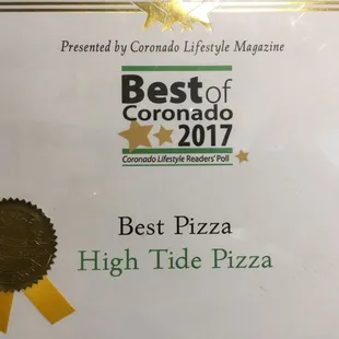 Voted Best Pizza in Coronado by the Locals in 2017.