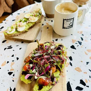 Chai latte, Cardamom latte, shaved egg and tomato &amp; micro greens avocado toasts
