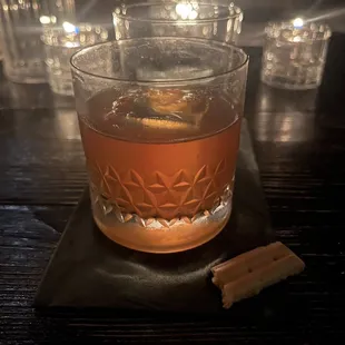 Lyon hearted ...kind of like a dessert old fashioned with butterscotch and coconut flavors. Elite cocktail.