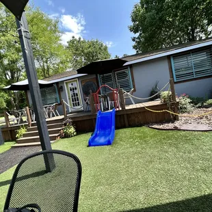 a swing set in the yard