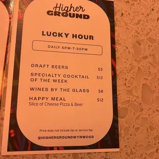 Happy hour menu