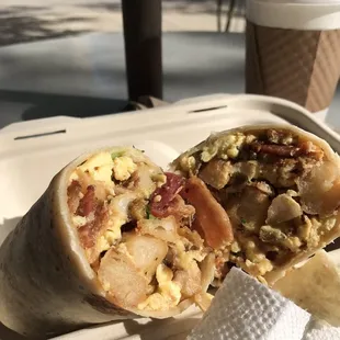 Breakfast Burrito with bacon and a cup of coffee.