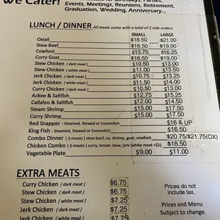 the prices of the menu