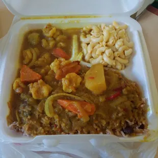 Curried shrimp, rice &amp; peas, macaroni &amp; cheese