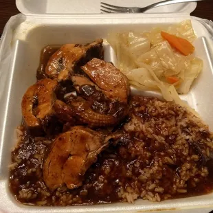 Jerk chicken, cabbage and peas and rice. Yummy.