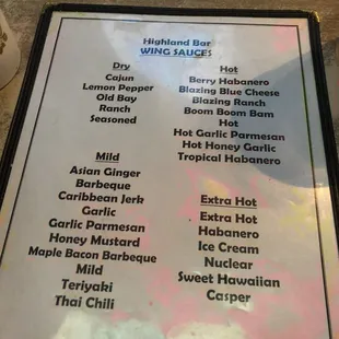 the menu of the restaurant