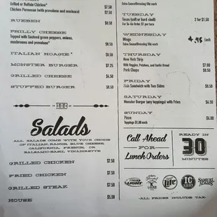 a menu for sandwiches and salads