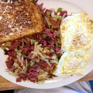Two eggs and corned beef hash