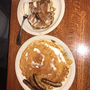 Cinnamon French toast, banana nut pancake with sausage links.