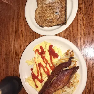 Special #4 2 eggs, hash browns, bacon, with toast.