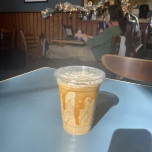 Frozen caramel coffee with almond milk (blended)