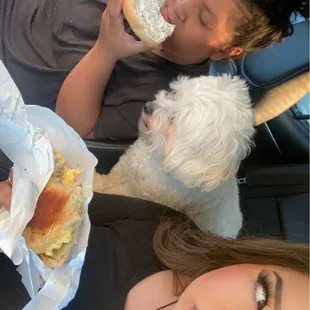 a beautiful breakfast croissant.. a perFECT cweam cheese bagel ... AND (the star of the show) ... a IMMACULATE caramel coffee..