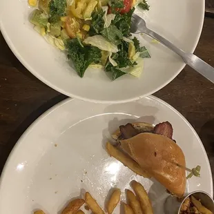 Bachelor salad without blue cheese  and Blue Plate Deluxe Burger ( this is half of both orders)