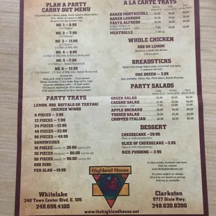 Catering menu and desserts