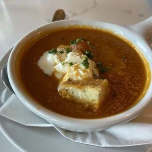 Tomato soup with grilled cheese croutons