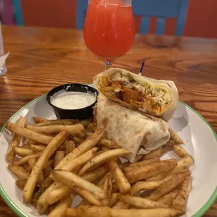 a burrito and french fries