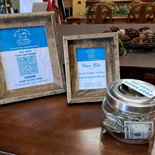 Self serve payment with cash or Venmo, or a staff member may appear.