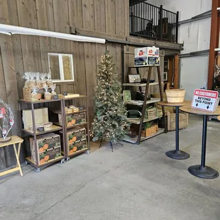 The interior with cookies, cakes, and other goodies against the wall.