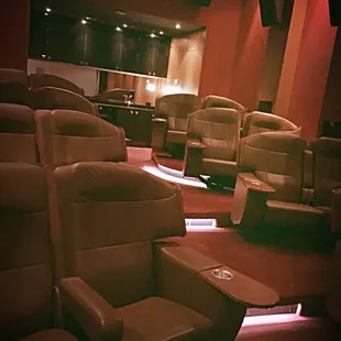 Seen here is our lovely "Red Room," which can accommodate up to 16 people, with 4 additional bar stools in the back of the theater.