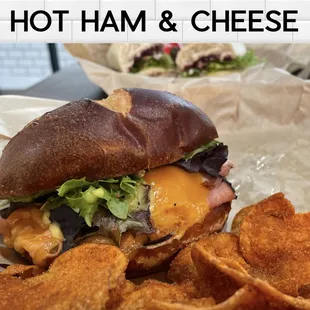 hot ham and cheese sandwich with chips