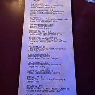 Cocktail menu